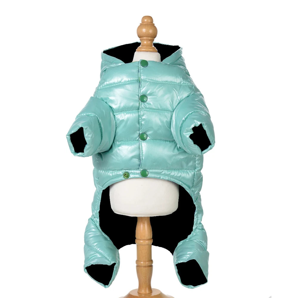 Light blue puffer coat with black accents on a mannequin against a white background