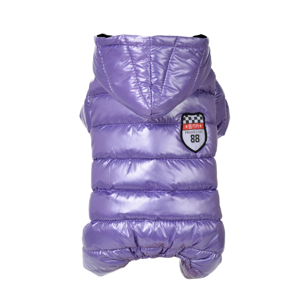 Purple puffer dog coat with a brand logo on a white background