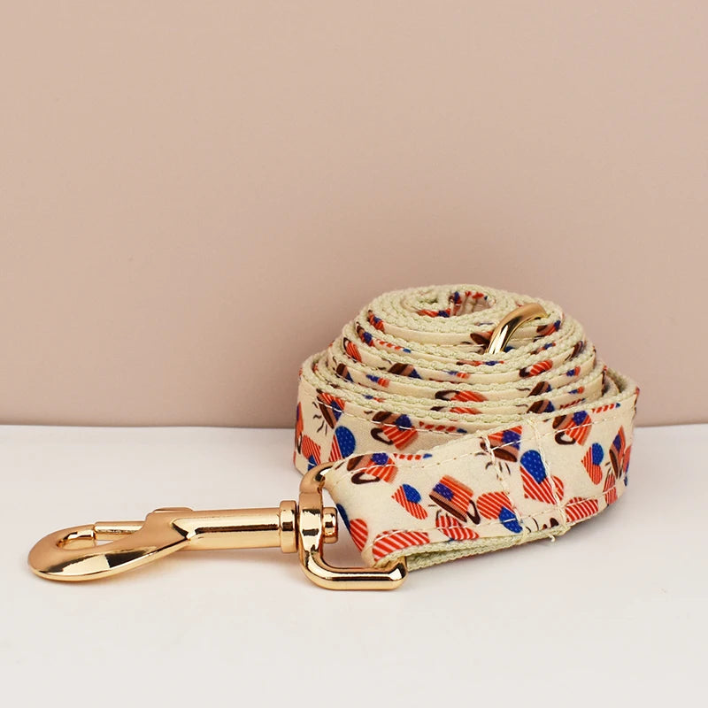 Dog leash with colorful pattern and gold clasp on a beige background