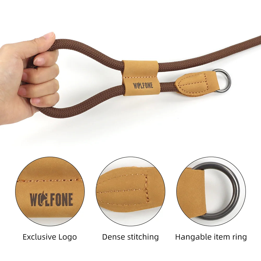 Brown leather strap with a hand holding it, featuring Wolfone branding and close-up details on a white background.