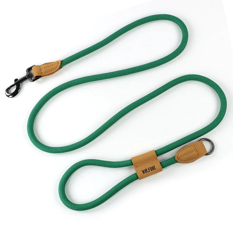 Green dog leash with brown leather patches on a white background