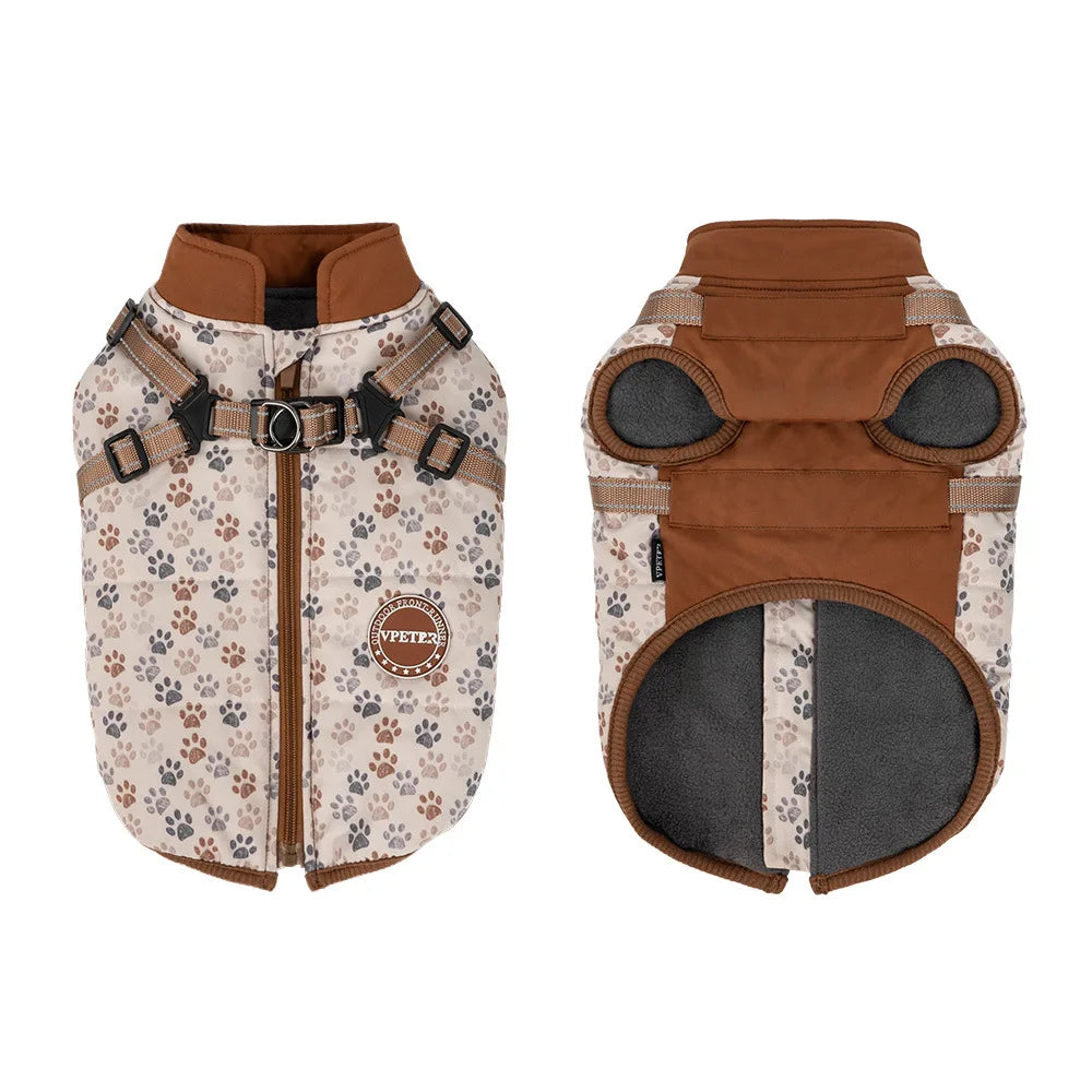 Two dog vests, one with paw print pattern and the other plain brown, on a white background.