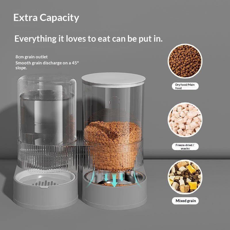Pet food dispenser with capacity for different types of pet food on a gray background