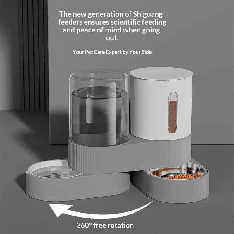 Pet feeder with water bowl and food container on a gray background