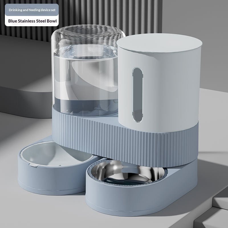 Blue pet drinking and feeding device set on a gray surface