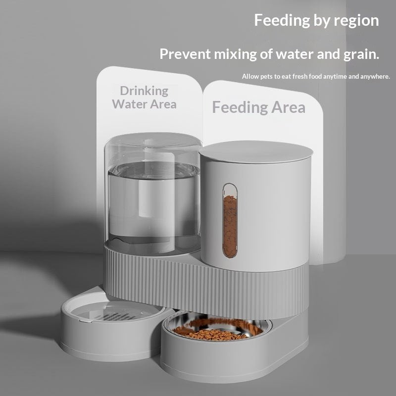 Pet feeding and water station with separate areas for water and food on a gray background.