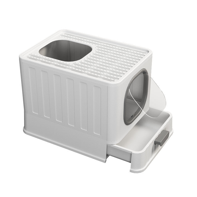 White pet litter box with transparent lid on a white background