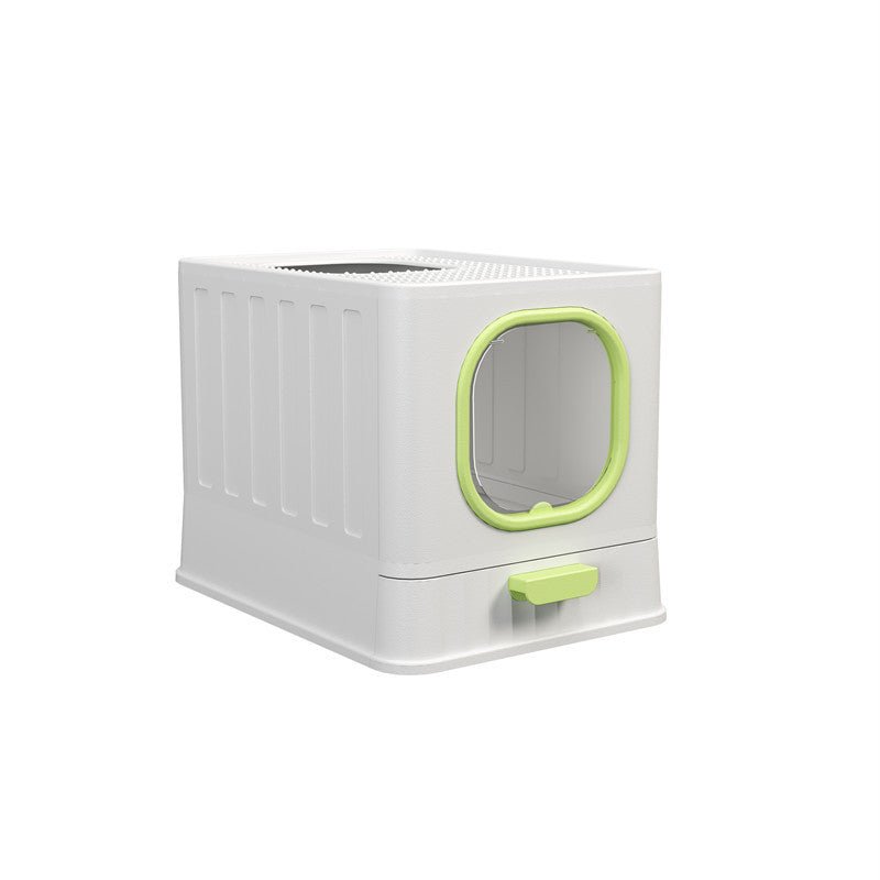White pet litter box with green accents on a white background