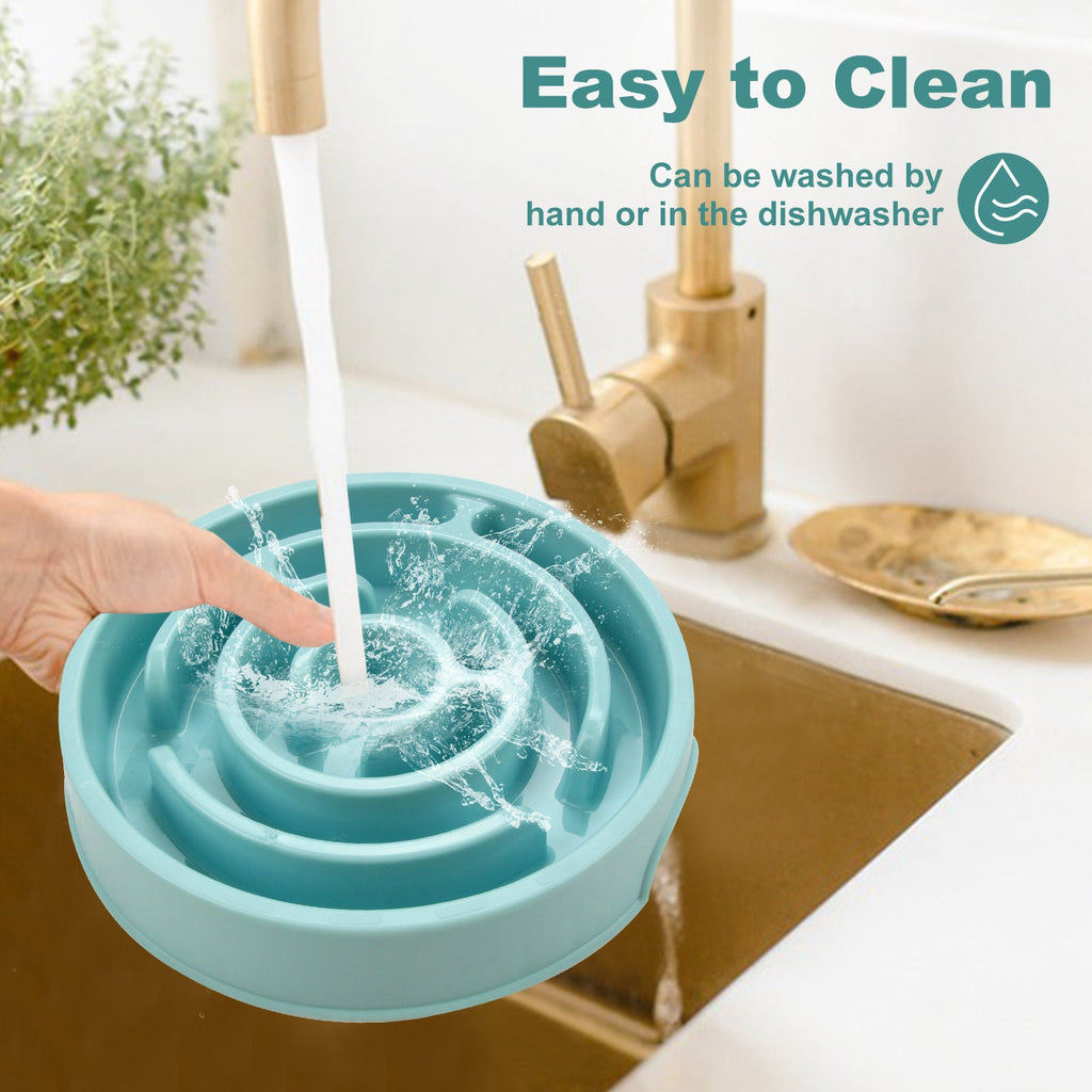 Blue silicone bowl being rinsed under running water with text indicating it's easy to clean.