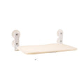 Wall-mounted white shelf with brackets on a white background