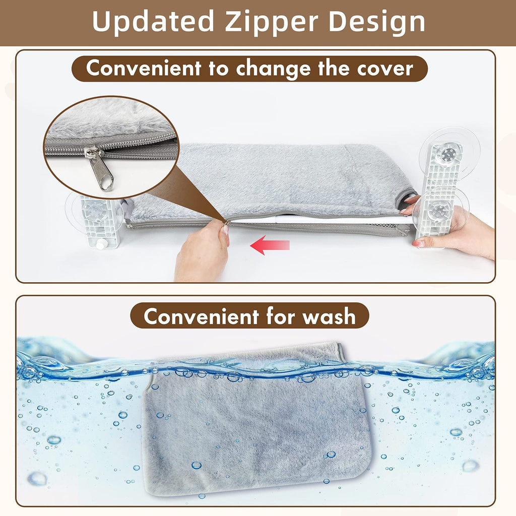 Product demonstration of a gray cover with updated zipper design, showing ease of changing the cover and washing it.