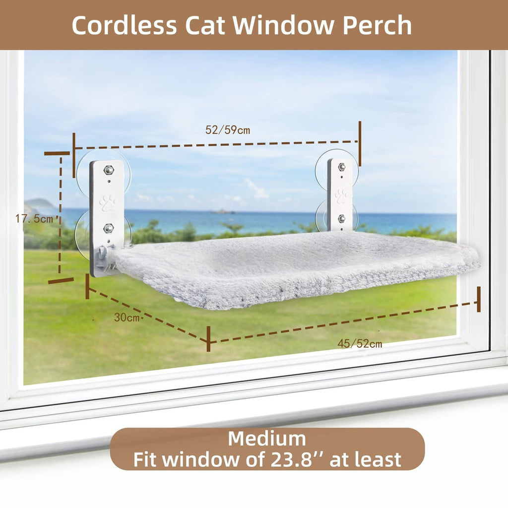 Cordless cat window perch with measurements against a window background