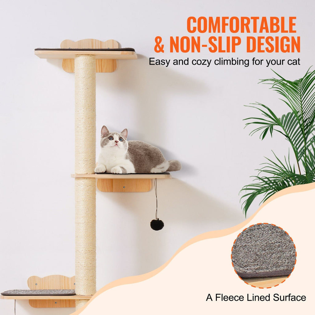 Cat tree with a cat sitting on it, labeled 'Comfortable & Non-Slip Design' on a white background.
