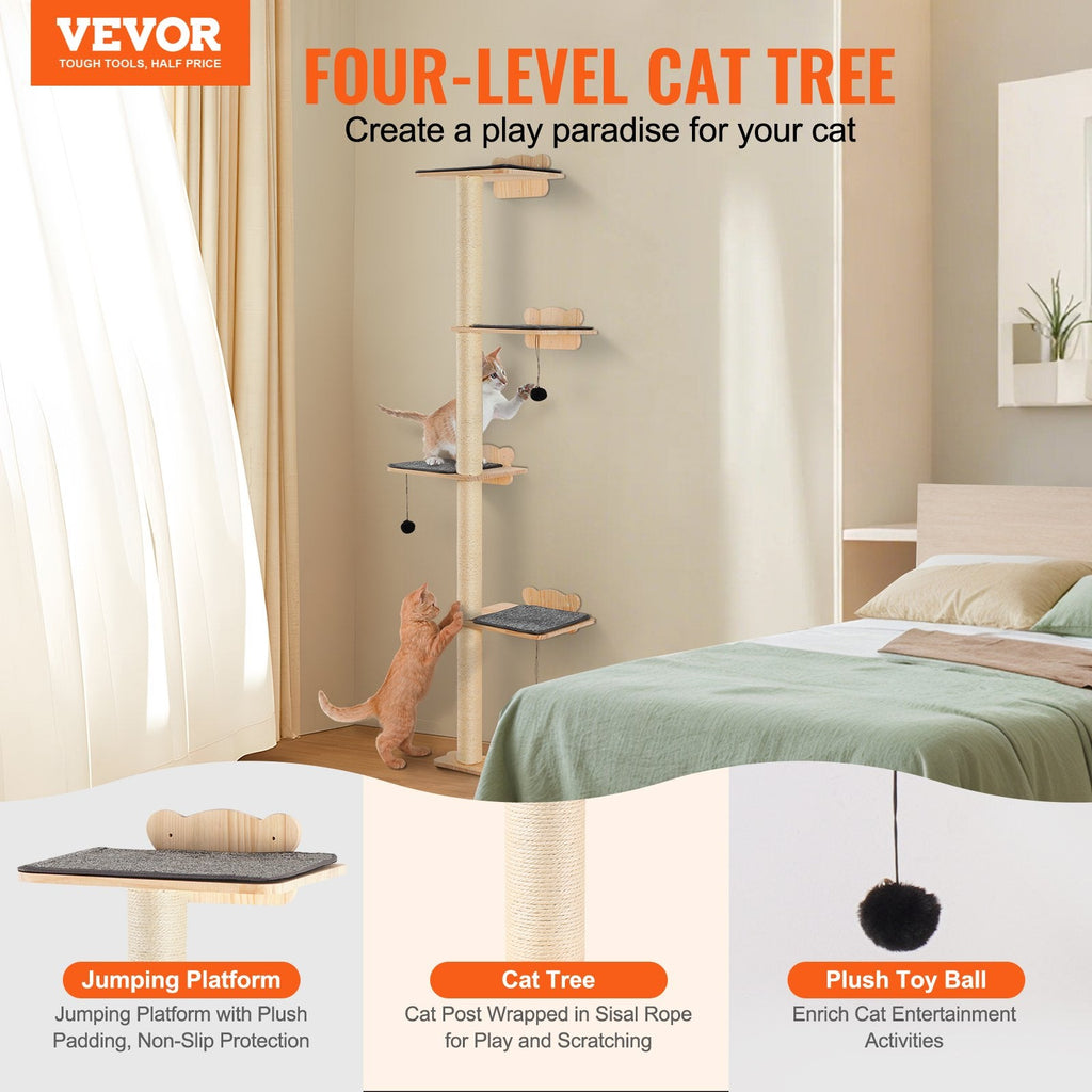 Cat tree with jumping platform, cat tree, and plush toy ball in a bedroom setting with VEVOR branding.
