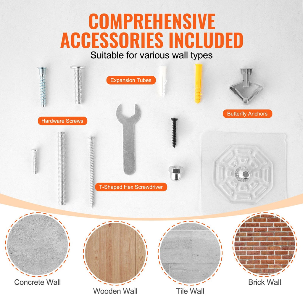 Set of wall installation accessories with labels on a white background