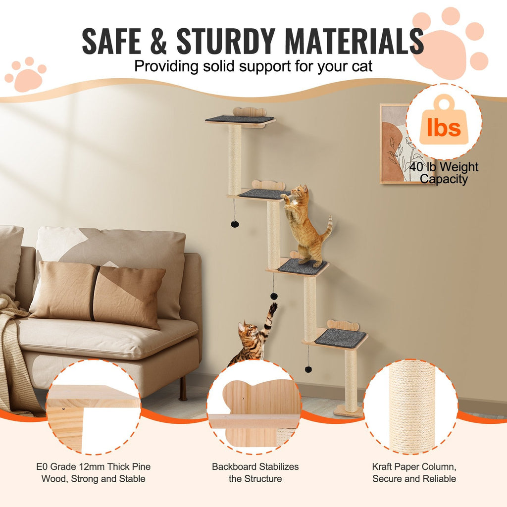 Cat tree with two cats on it, surrounded by text about safe and sturdy materials.